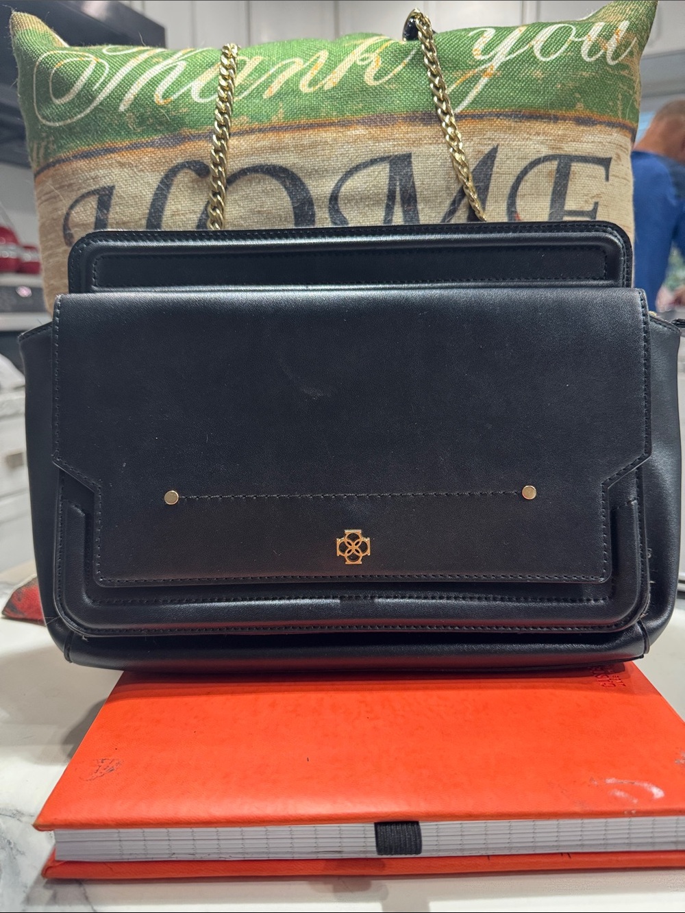 Ann Taylor Black Leather Shoulder Bag with Gold Chain